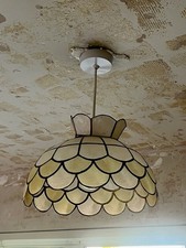 Scalloped Dome Pendant Ceiling Light Beige & Black Glass Metal Hardwired