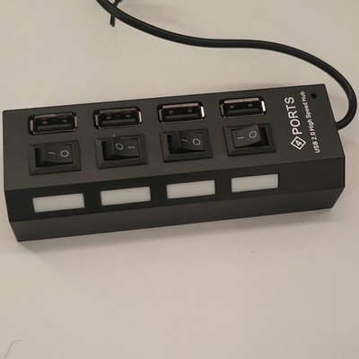 4-Port USB 2.0 Hi-Speed USB-A Hub 1:4 w/ Individual On/Off Switches Black