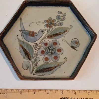 Handmade Vintage Hexagon Glazed Ceramic Floral Bird Wall Tile 6x6 1-Pack