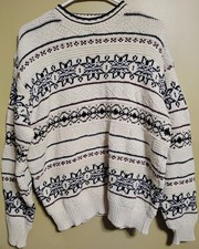 Vintage ISLE OF COTTON Womens LARGE Sweater Fair Isle CREAM  NAVY BLUE  MAROON