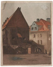 Austrian artist, urban view of houses, 1910s color etching