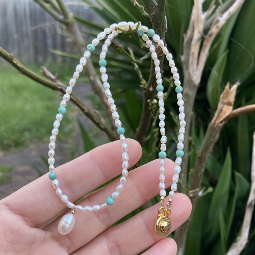 3mm Natural baroque drop Freshwater Pearl w/natural turquoise necklace 40cm N375 - Picture 11 of 16