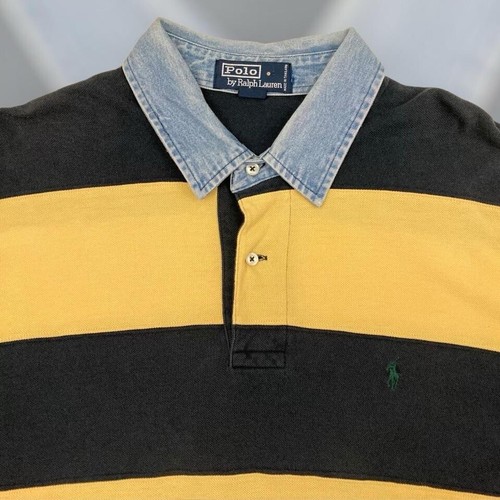 Polo Ralph Lauren de Colección Años 90 00 Rayas Cuello Denim Adulto XL Azul Amarillo - Imagen 3 de 3