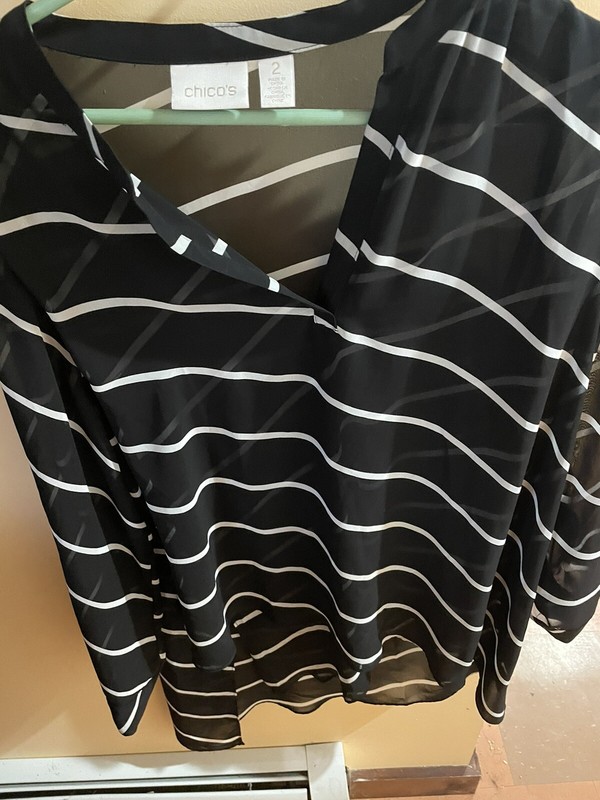 Chico's Size 2 Blouse Womens Blk/Wht  Long Sleeve See Through Ref JC #112