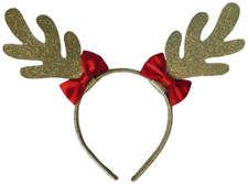 Christmas Reindeer Antlers Headband; Gold Glitter  Red Bows