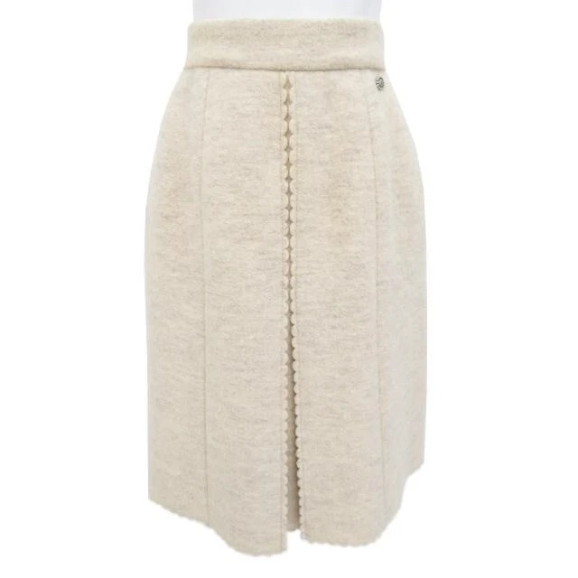 Chanel — CHANEL Authentic Women's Flared Skirt Wool CC Logo Button Ivory France w/ Hanger