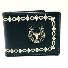 Western Style Bi-fold Wallet,Bull with Horseshoe Plaque and Braided Design