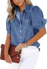Women's Casual Washed Distressed Puff Sleeve Denim Button Down Shirt Jean Jacket