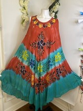 Vtg Seven Islands Boho Tie Dye Cultural Flowy Dress Sleeveless Flowers One Size