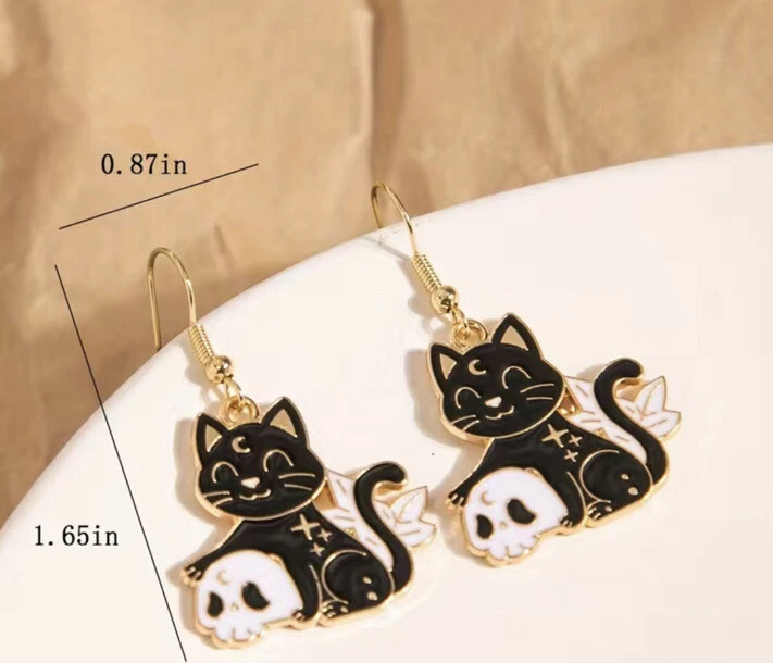 Pendientes góticos de goteo al óleo de dibujos animados animal gato negro con calavera Foto 2 de 3