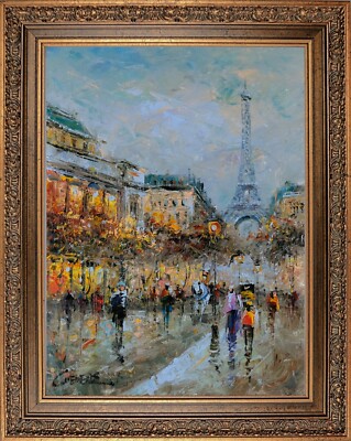 Frence Framed Oil Painting, Paris Eiffel Tower Cityscape, Signed by C Vevers