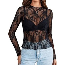 Mesh T-Shirt for Women Long Sleeve Mock Neck See Through Flower Lace Slim Top