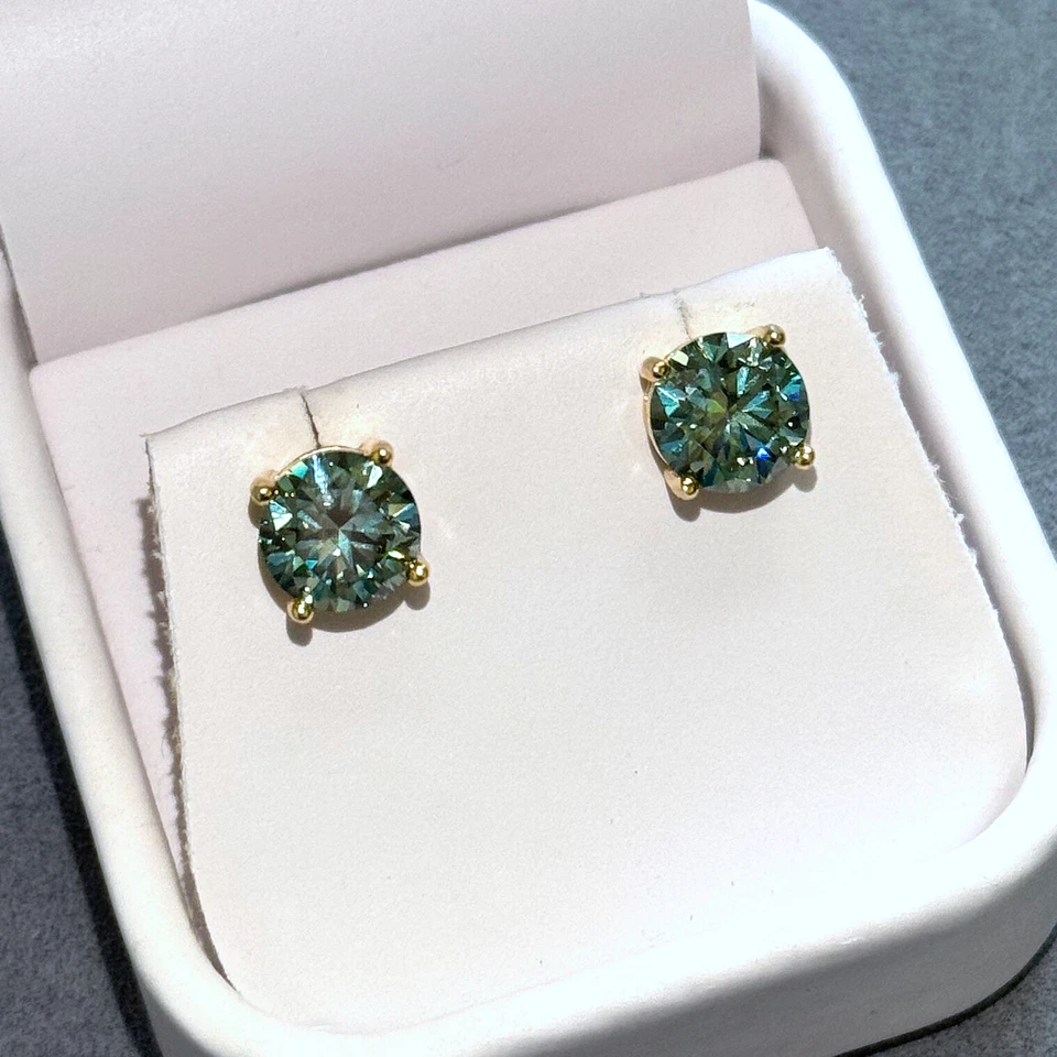 Серьги-гвоздики круглые с синим зеленым муассанитом сертифицированные VVS1 - серебро 925 пробы - Изображение 4 из 4