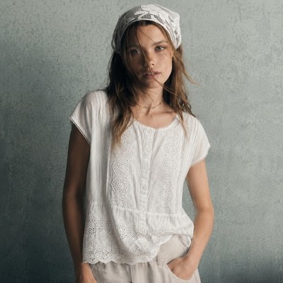 Joie Eyelet Lace Button Down Blouse Top Womens XL White Cotton Boho Cottagecore