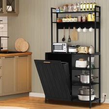 Kitchen Baker's Rack with Trash Can Bin Cabinet 6-Tiers Microwave Stand