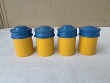 Lot 4 KODAK Enameled Metal 35mm Film Canisters Yellow Body Blue Caps Clean EUC