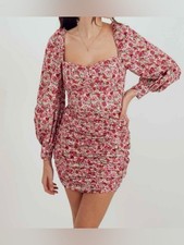 Nasty Gal Floral Balloon Sleeve Ruched Mini Dress Women's Pink Floral Sz 8