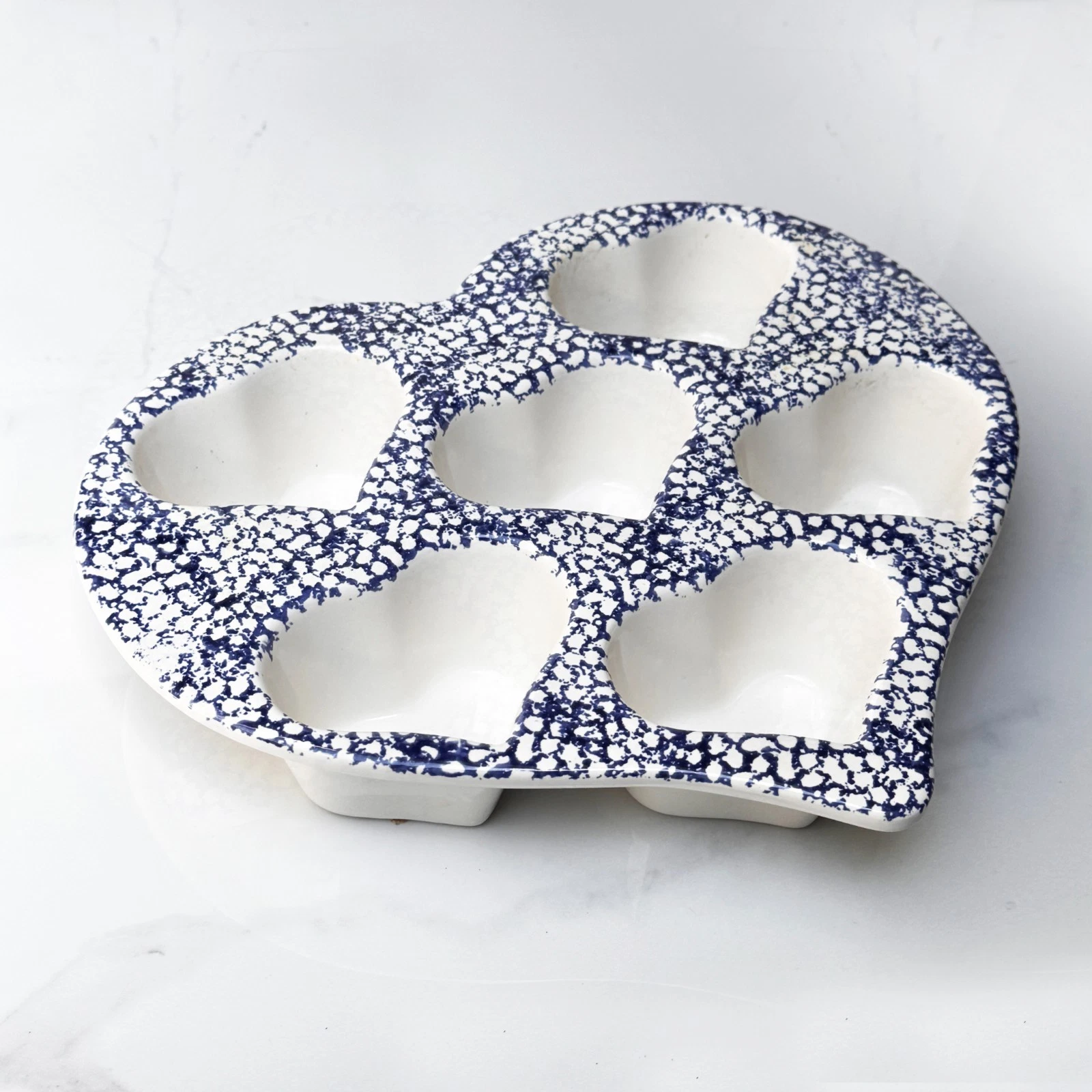 Heart Shaped Stoneware Muffin Cupcake Baking Pan Pottery Blue Spongeware