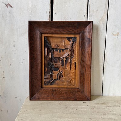 16x13 Vintage French Carved Wood Handmade Chalet Scene Rustic Home Decor Alpine