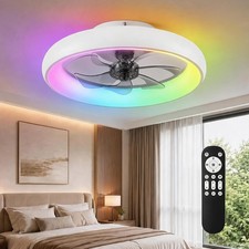 20" Modern Round RGB Ring Ceiling Fan with LED Light Flush Mount Remote Control