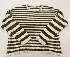 Rylee and Cru Olive Green Off White Stripe Crewneck Chenille Sweater Small