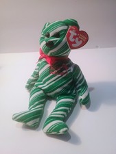 Ty Beanie Baby 2007 *Holiday Teddy* Green Candy Cane Striped •Tags Attached•