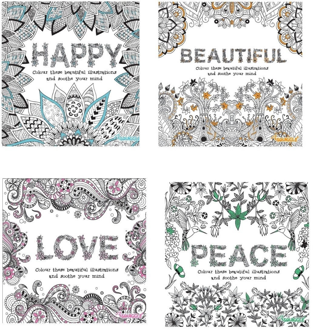 4 x Colouring Books - Beautiful, Happy, Peace & Love four adult colouring books