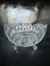 Pressed Glass Courting Couple Design, Flower Man Woman scalloped Rim 3 Toed Bowl