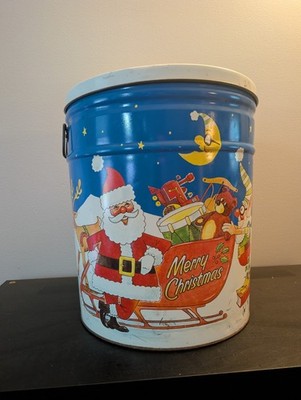Vintage LARGE Christmas Popcorn Metal Tin 14'' and 12'' diameter 