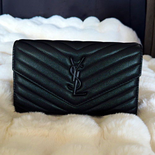 Saint Laurent YSL Black Quilted Logo Chain Wallet/Clutch Women