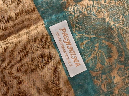 Pashmina Silk Scarf Shawl Wrap Beige & Teal - Picture 1 of 4