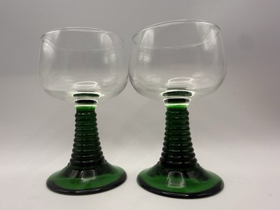 Vintage Luminarc France Roemer Wine Goblets Green Ribbed Stem Set of 2