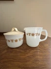 3PC CORELLE BUTTERFLY GOLD GLASS CREAMER CREAM & SUGAR BOWL SET w/ LID VTG
