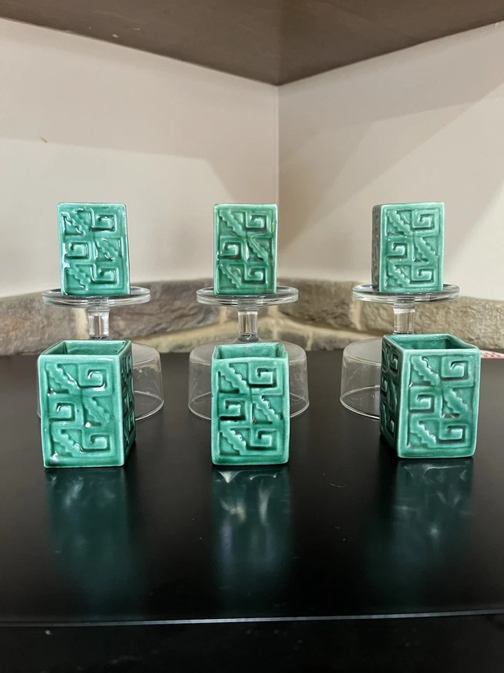 6 Forest Green Toothpick Holder Pottery Mid Century Modern Aztec Design Haeger - Image 2 of 4