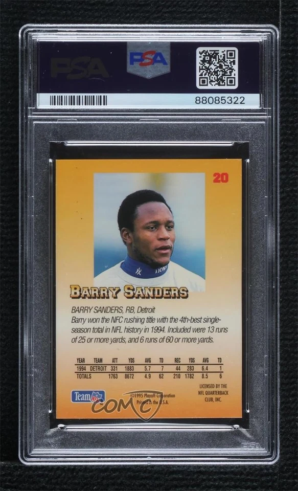 1995 Playoff Prime Mini Barry Sanders #20 PSA 8 HOF - Image 2 of 2