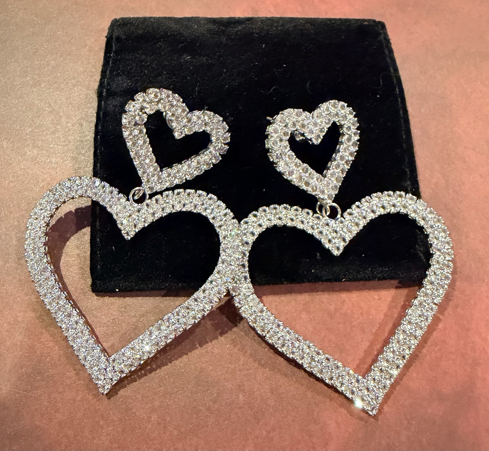 Statement Double Heart Rhinestone Drop Earrings S… - image 3