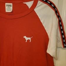 Victoria's Secret Pink Campus Short Sleeve Tee Shirt Poppy Red White Med