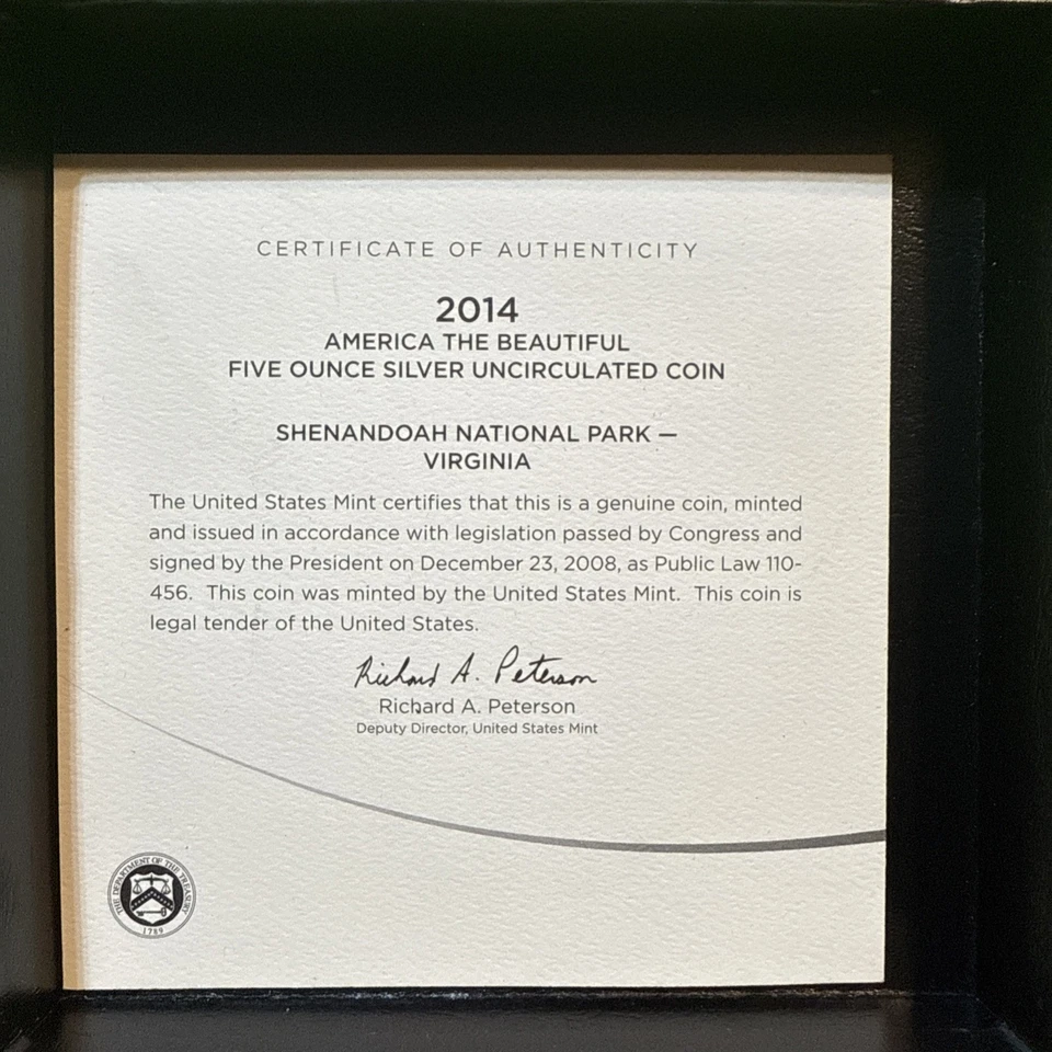 ATB Shenandoah National Park 2014 Estados Unidos como nuevo 5 oz. MONEDA DE PLATA UNC. ¡Sin usar, en caja! Foto 3 de 4