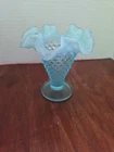 Vintage Fenton Type Aqua Blue Opalescent Hobnail Vase Ruffled Edge Estate Sale