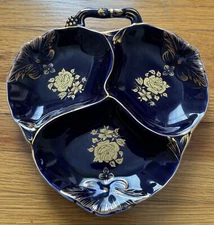 Vintage Cobalt Blue Divided 3 Section Japanese Serving Trinket Dish with Handle
