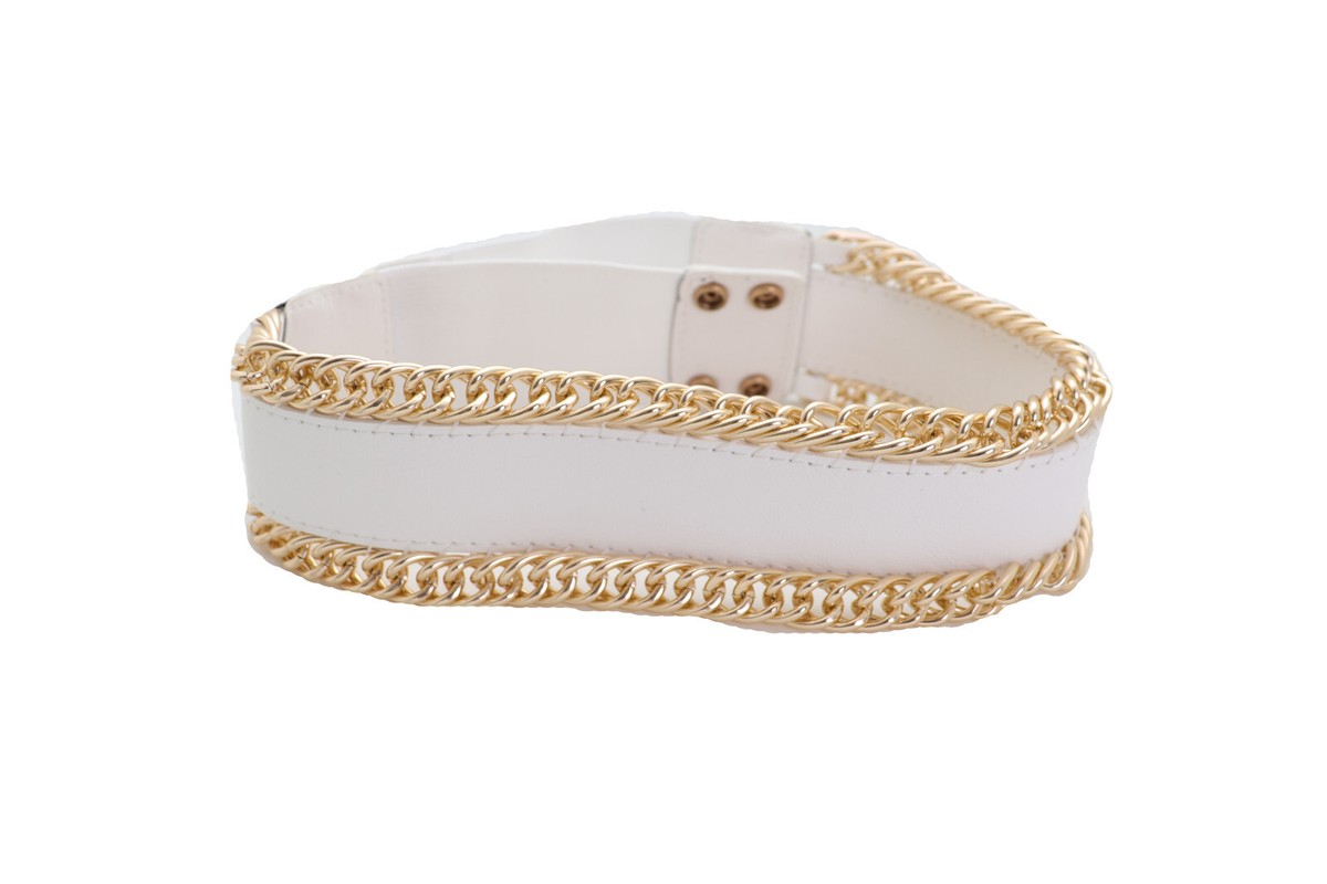 Women White Faux Leather Elastic Wide Modern Belt Gold Metal 