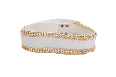 Women White Faux Leather Elastic Wide Trendy Bling Belt Gold  display picture 1