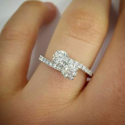 Two Stone 2.25Ct Diamond Solid 14K White Gold Engagement Ring Simulated Size 5
