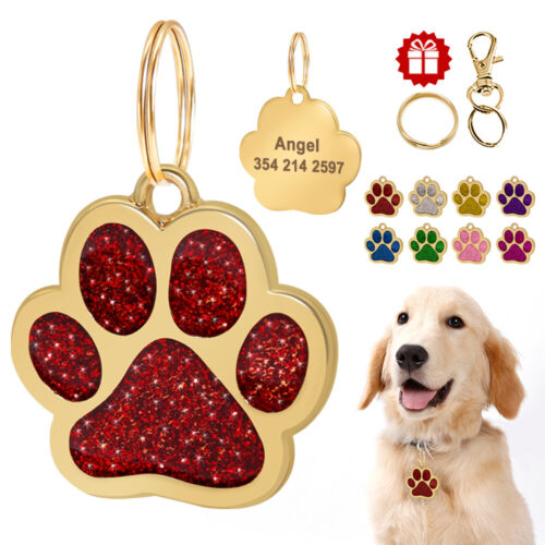 Personalised Paw Glitter Pet Dog ID Tag With Name&Telephone Engrave Custom Bling - Zdjęcie 1 z 20