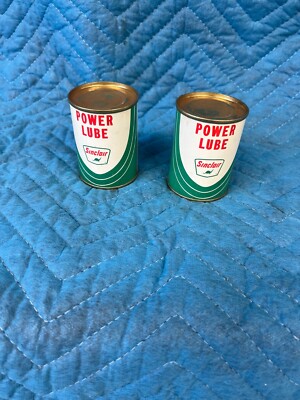 Vintage Sinclair Dino Power Lube Gas Motor Oil  Two Full 4 OZ Can  Excellent !