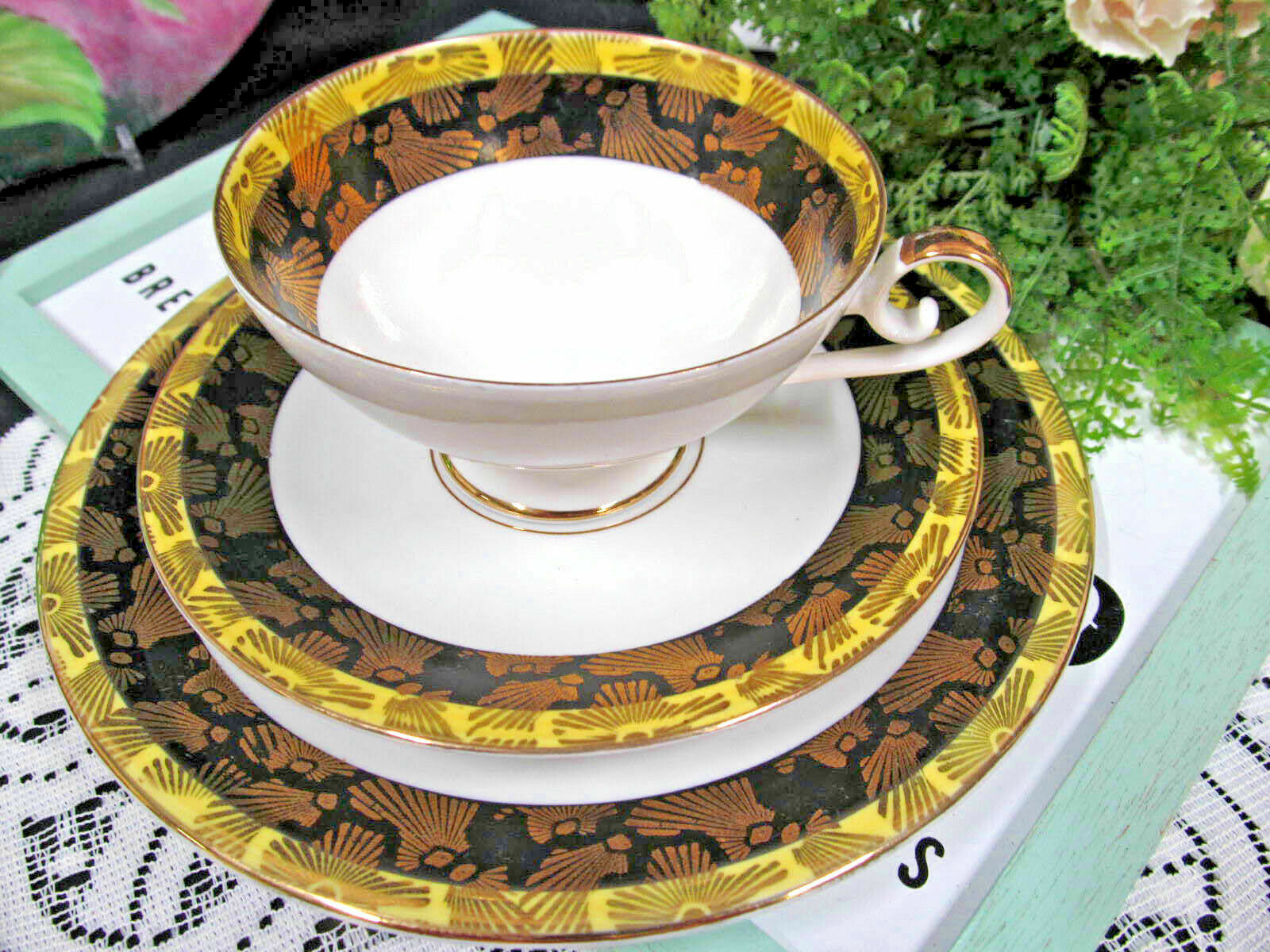BAVARIA GERMANY tea cup and saucer trio ETCHED gold gilt black band teacup 50   