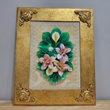 Capodimonte Italy Porcelain 3D Floral Bouquet Plaque in Gold Frame - Lilies