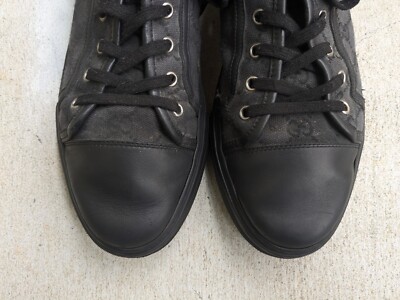 Gucci Sneakers Black Canvas Monogram Men 9.5 Logo Leather Shoes