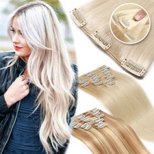 AAA 100% Echthaar Clip In Remy Haarverlangerung Extensions Glatt 8 Tressen Blond