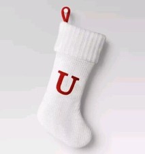 20" Large Wondershop Letter U Cable Knit Stocking, Monogram Initial White